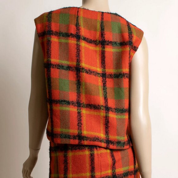 Vintage 1960s Plaid Skirt & Jacket Coat Set Vest Orange Green Vogue Paris 60s - Picture 4 of 11
